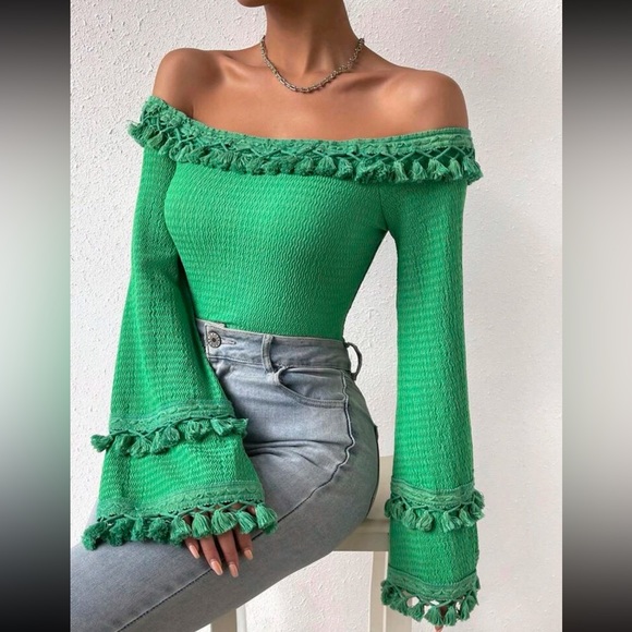 Boho Off Shoulder Flare Long Sleeve Fringe Tassel Cropped Top Blouse Shirt - Picture 5 of 7